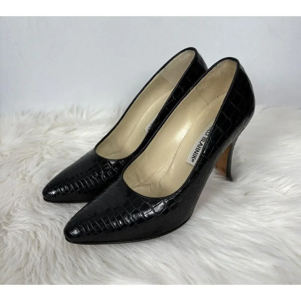Manolo Blahnik Stiletto Pointed Toe Pumps Black Alligator Crocodile Size 37 - Picture 5 of 10
